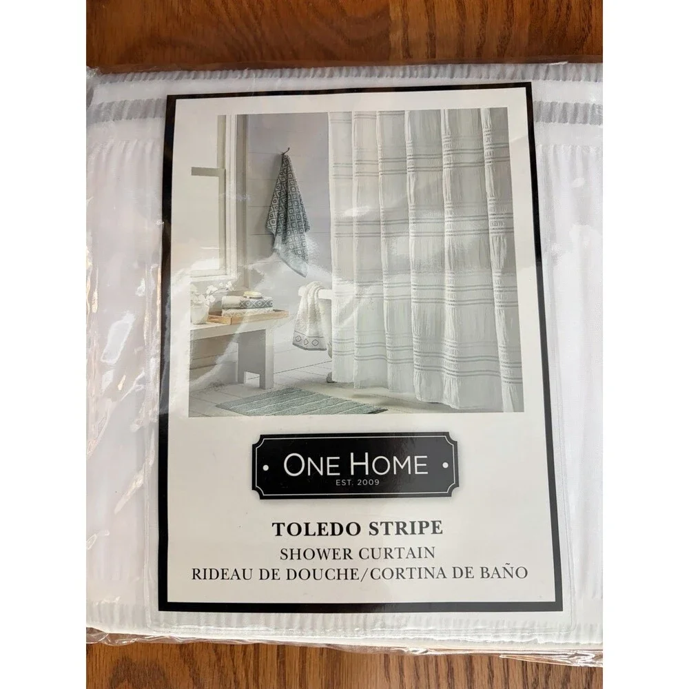 One Home Toledo Stripe Bathroom Shower Curtain 70”x72” White Gray Teal New